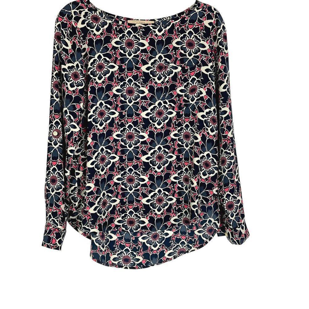 LOFT Petalwork Pocket Blouse, size XS, navy blue/coral/white, 100% polyester